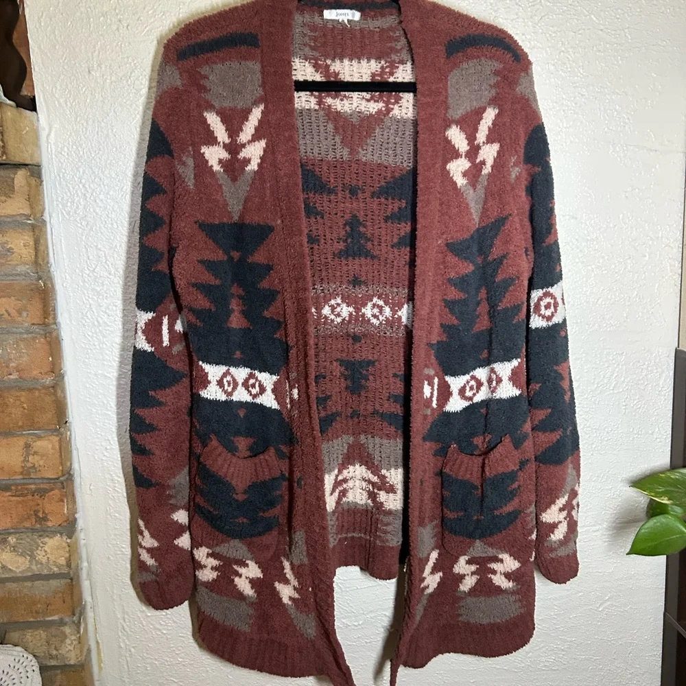 JODIFL Aztec Open-Front Cardigan in Rust, Black & Cream - Picture 1 of 3